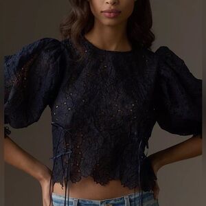 Anthropologie Blue Tassel Floral Tie Hem Blouse XS